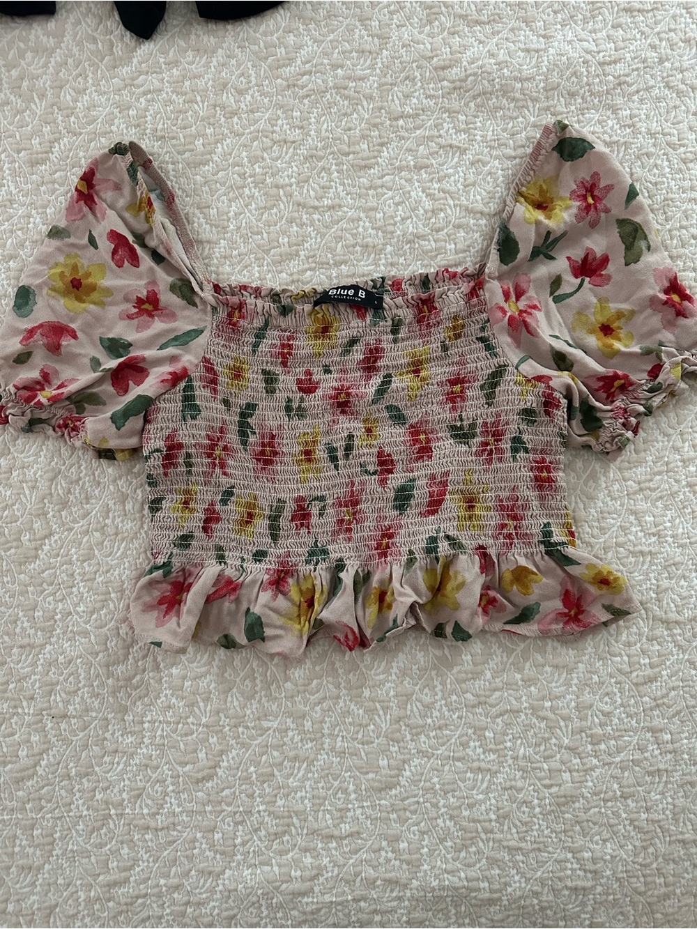 Blue Blush Pink Floral Smocked Puff-Sleeve Crop Top